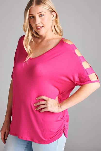 Womens Solid Pink Top, V-Neck, Side Ruche, Strappy Cold Shoulder Shirt Tops MomMe and More 