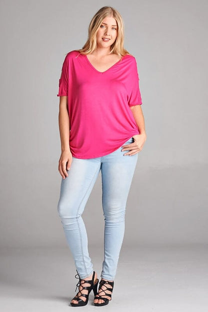 Womens Solid Pink Top, V-Neck, Side Ruche, Strappy Cold Shoulder Shirt: Plus Size Tops MomMe and More 