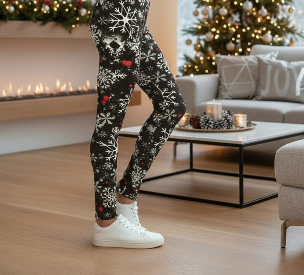 Girls Christmas Snowflake Leggings - High Waisted - Buttery Soft Yoga Pants - Black/White Leggings MomMe and More 