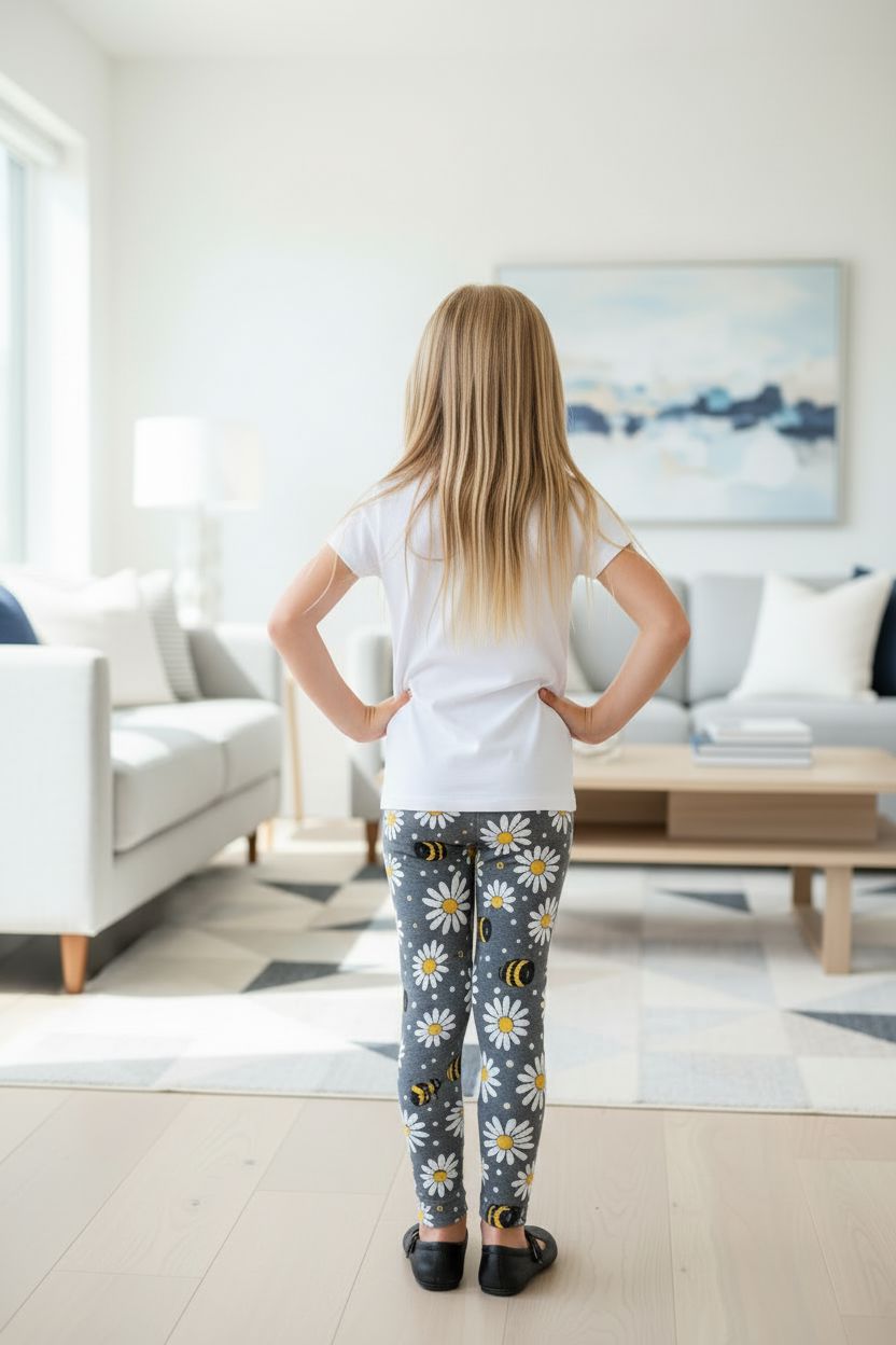 Girls Bee Daisy Leggings - High Waisted - Buttery Soft - Gray/Yellow Leggings MomMe and More 