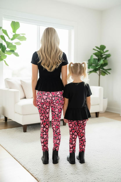 Girls Valentines Day Leggings - High Waisted - Buttery Soft - Pink Doodle Hearts Leggings MomMe and More 