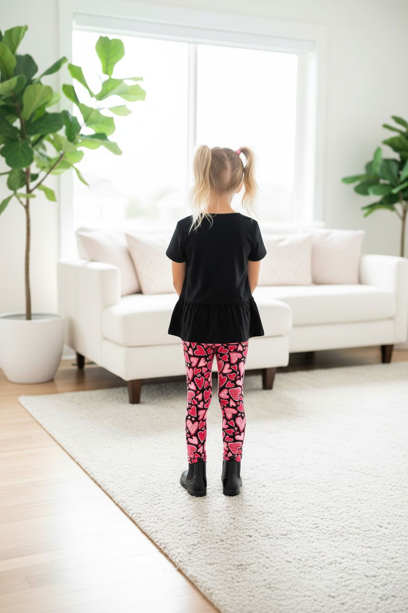 Girls Valentines Day Leggings - High Waisted - Buttery Soft - Pink Doodle Hearts Leggings MomMe and More 