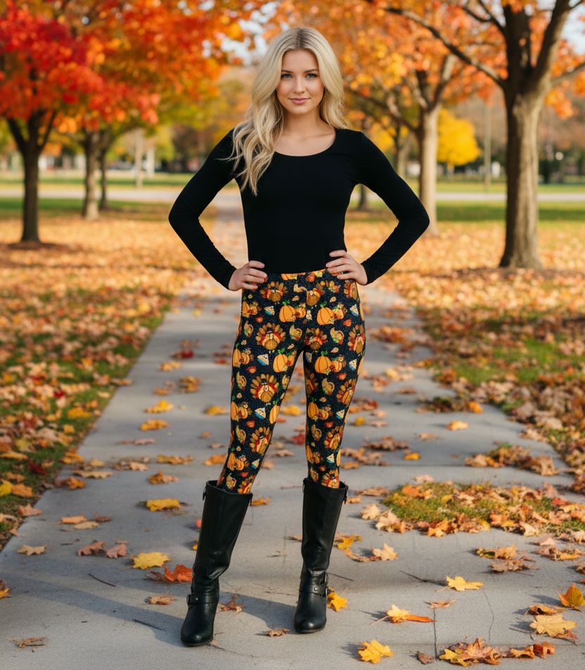 Womens Thanksgiving Turkey Dinner Leggings - High Waisted - Buttery Soft - Black/Orange Leggings MomMe and More 