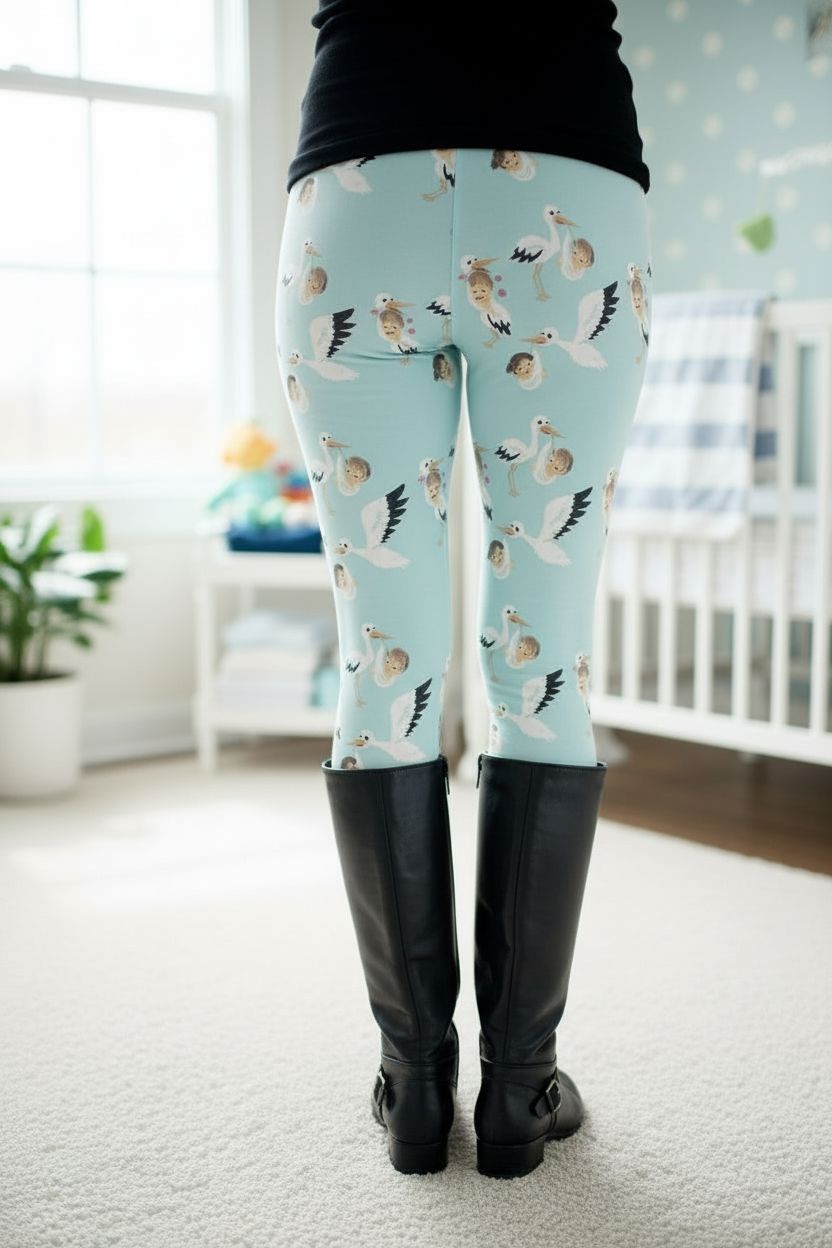 Blue Stork Leggings, High Waisted, Women’s Buttery Soft Yoga Pants, Baby Boy Shower Gift, Maternity Pants Leggings MomMe and More 