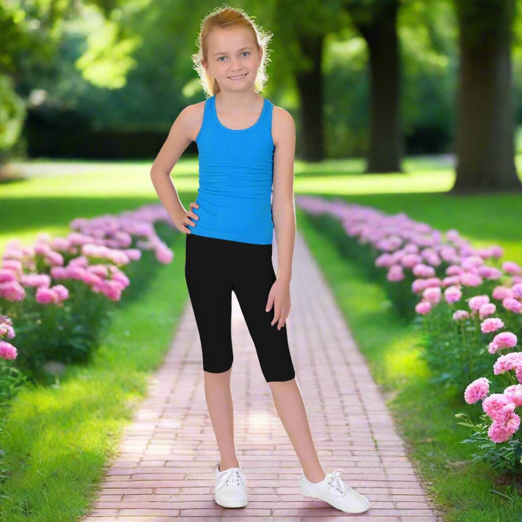 Girls Capri Black Leggings, Kids Soft Yoga Pants, Sizes S/L, No-Roll Waist, Solid Black Leggings MomMe and More 