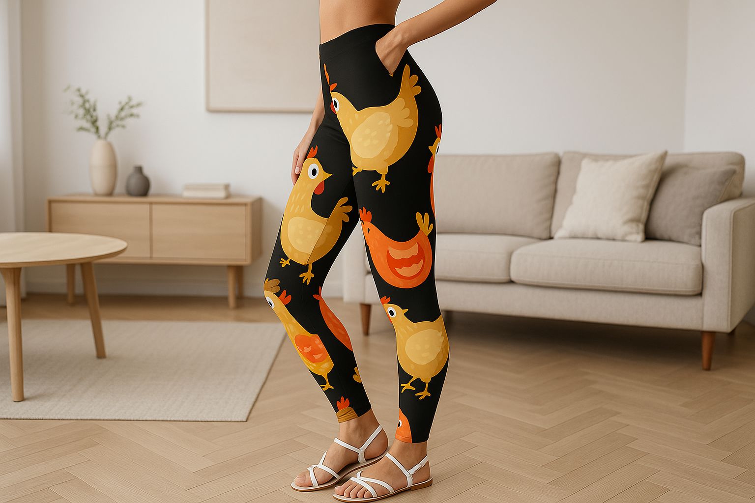 Womens Chicken Leggings - High Waisted - Buttery Soft - Brown/Orange Leggings MomMe and More 