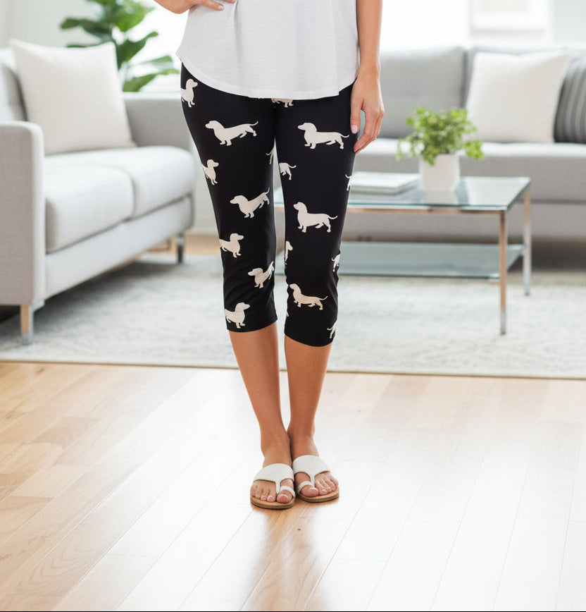 Dachshund Dog Capri Leggings,, Buttery Soft, Black White, Sizes OS/PLUS Leggings MomMe and More 