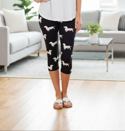 Dachshund Dog Capri Leggings,, Buttery Soft, Black White, Sizes OS/PLUS Leggings MomMe and More 