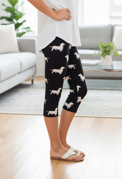 Dachshund Dog Capri Leggings,, Buttery Soft, Black White, Sizes OS/PLUS Leggings MomMe and More 