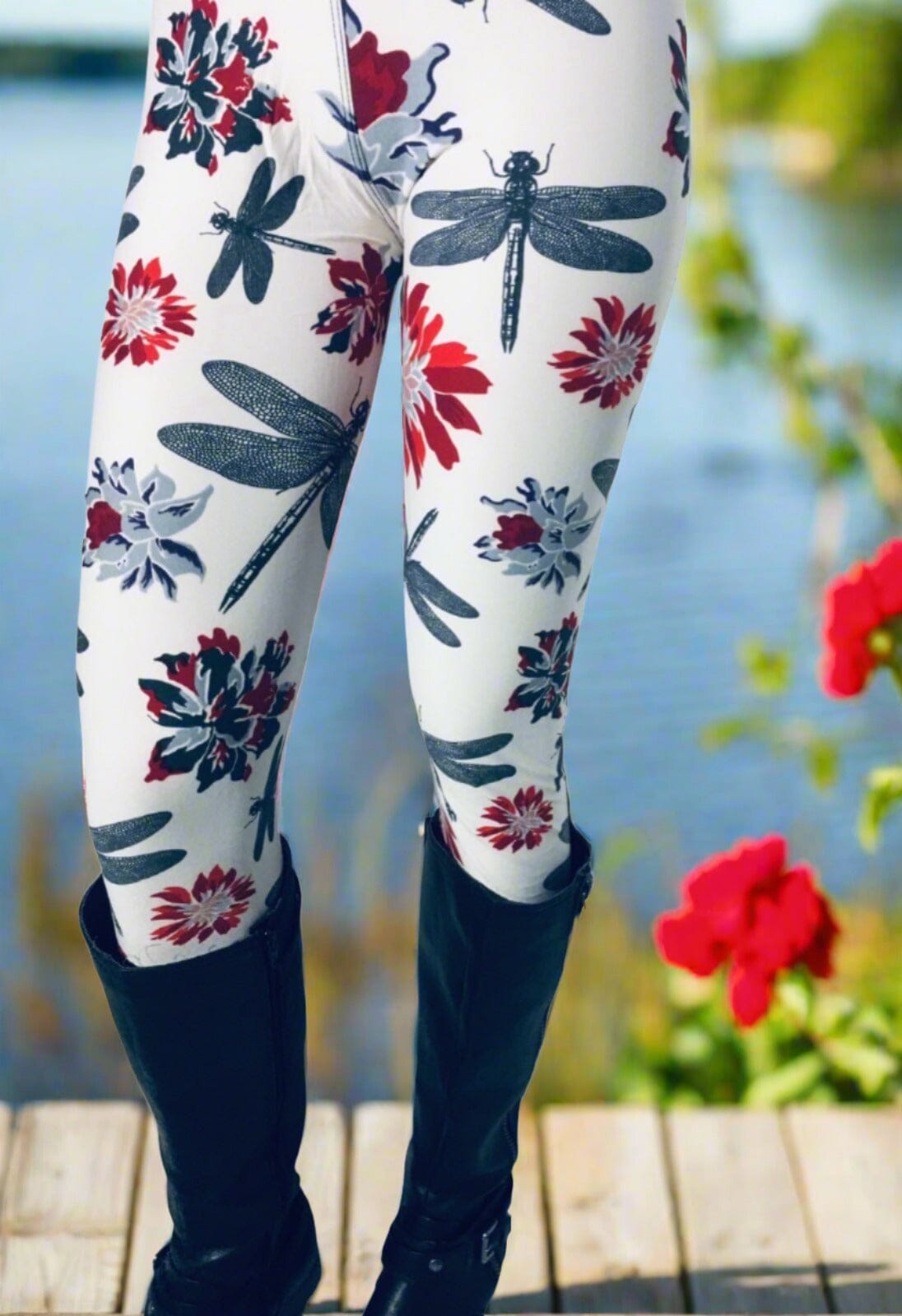 Womens Dragonfly Leggings, Soft Yoga Pants, Sizes 2-20, White/Red/Gray, Yoga Waist Leggings MomMe and More 