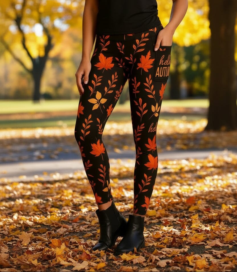 Fall Leaf Leggings, High Waisted, Buttery Soft Yoga Pant, Side Pockets, Sizes OS/TC/TC2 Leggings MomMe and More 
