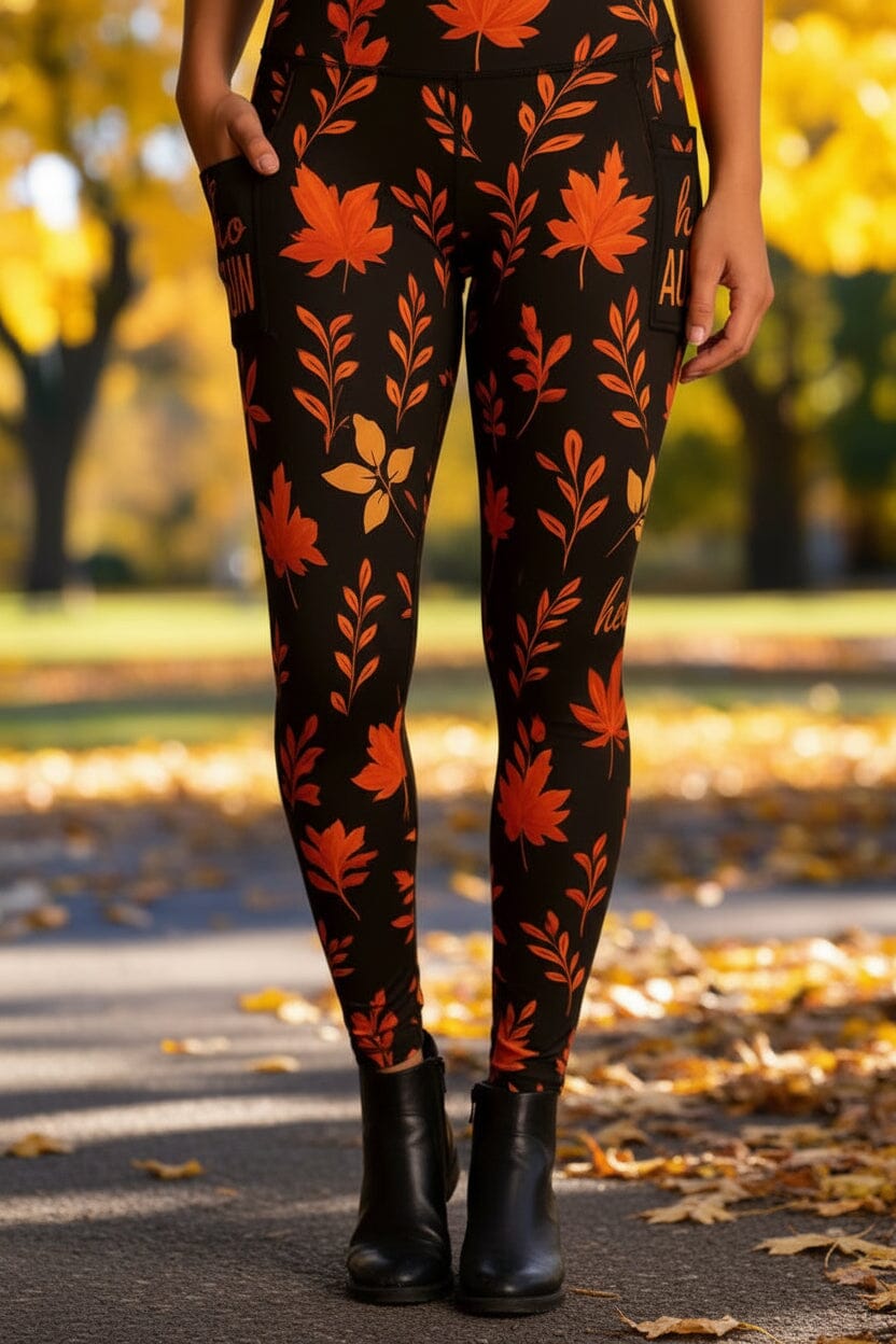 Fall Leaf Leggings, High Waisted, Buttery Soft Yoga Pant, Side Pockets, Sizes OS/TC/TC2 Leggings MomMe and More 