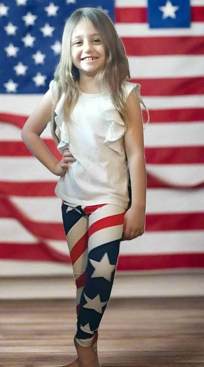 Girls 4th of July American Flag Leggings Kids Yoga Pants Red/White/Blue Sizes S/L Leggings MomMe and More 