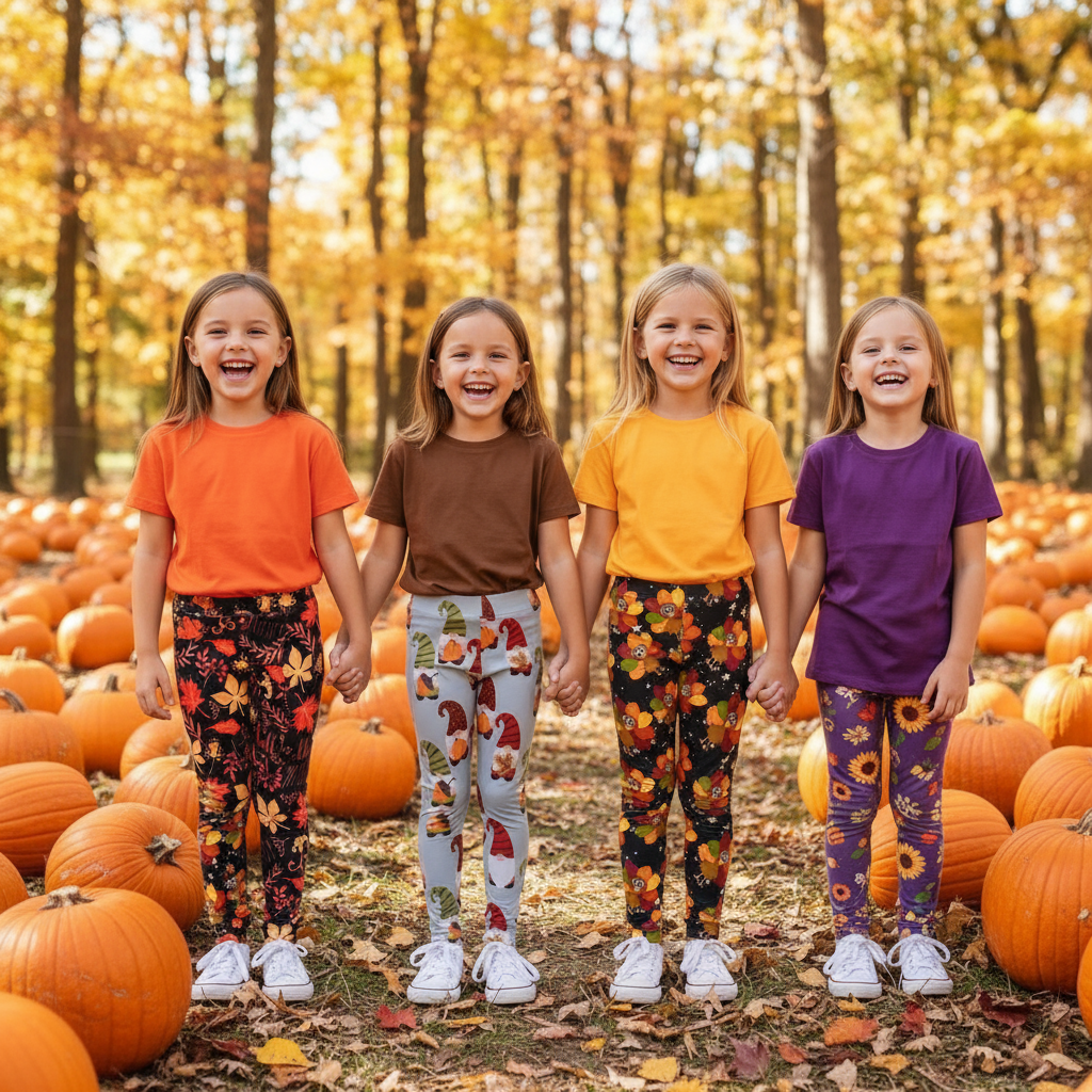 Four girls in pumpkin patch wearing fall themed leggings