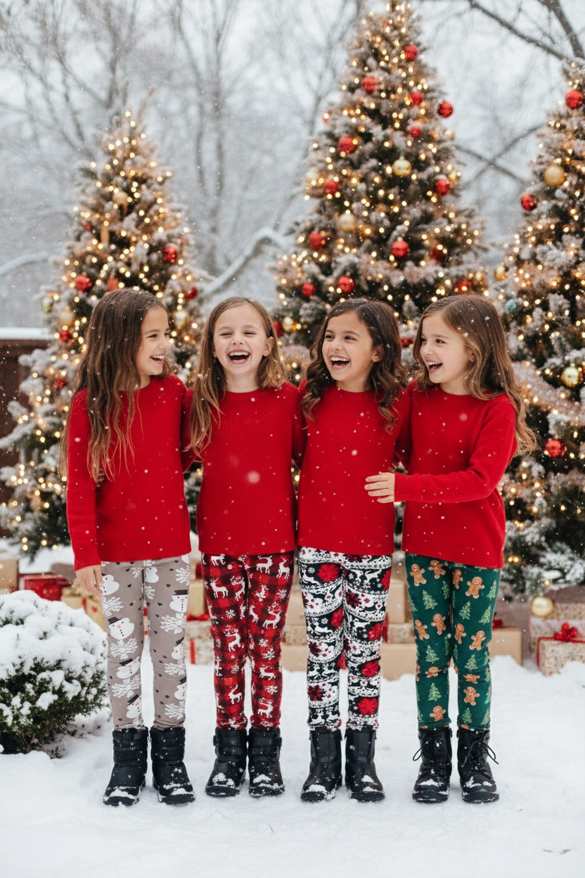 Four girls in red tops and Christmas leggings by decorated trees