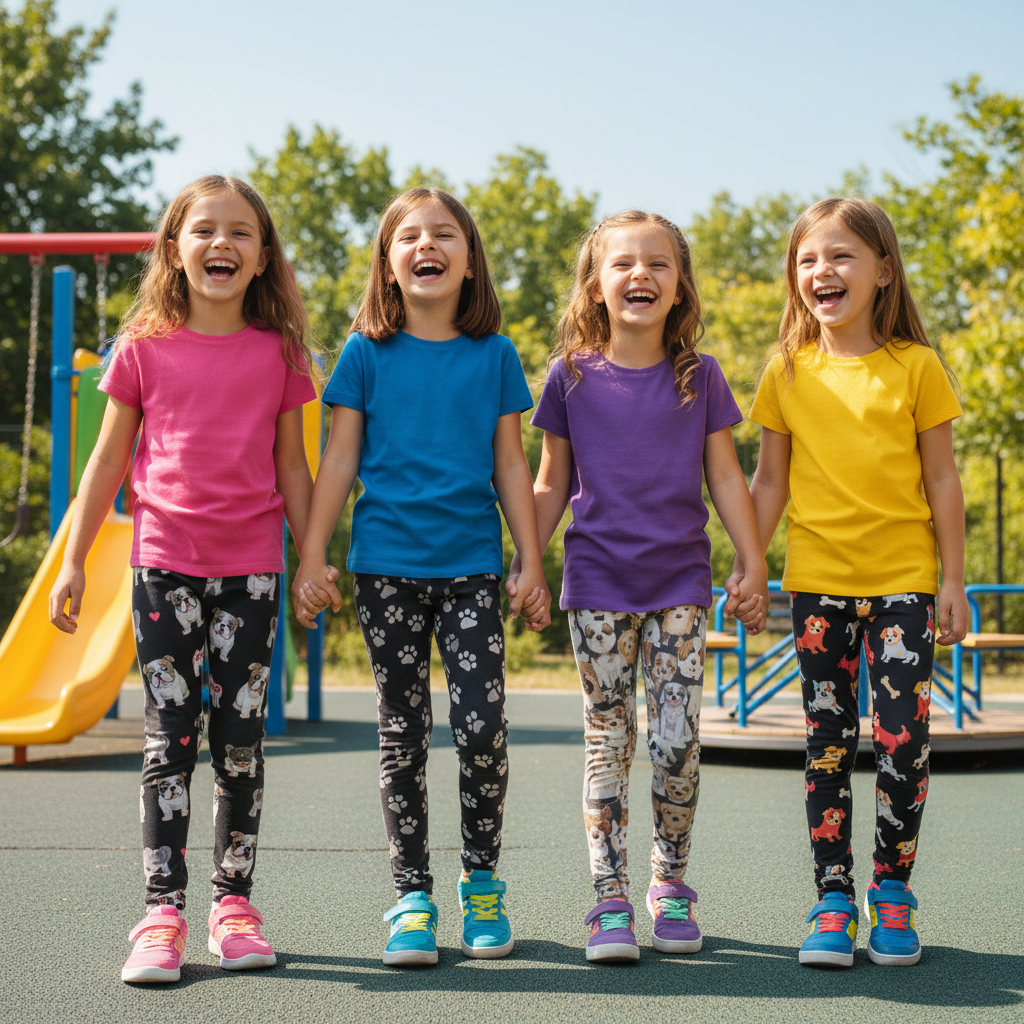 Four girls in solid shirts and dog leggings at playground