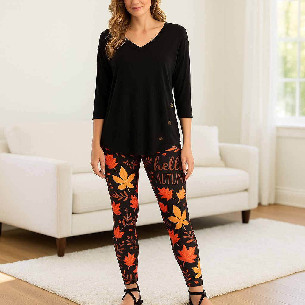 Womens Fall Leaf Leggings - High Waisted - Buttery Soft - Black/Orange Leggings MomMe and More 