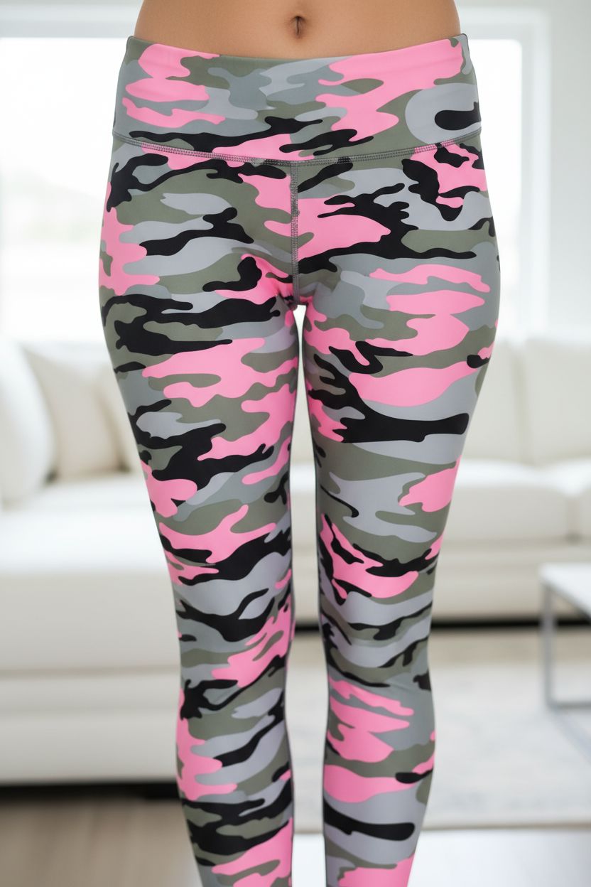 Womens Pink Camouflage Leggings - High Waisted - Buttery Soft - Pink/Gray Camo Leggings MomMe and More 