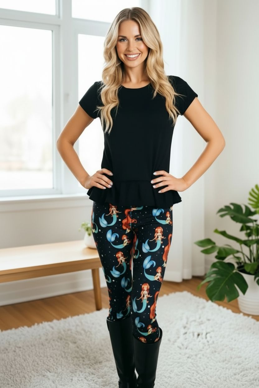 Womens Mermaid Leggings - High Waisted - Buttery Soft Yoga Pants - Black/Multi Leggings MomMe and More 