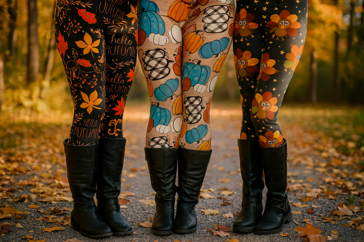 Generated image of three fall printed leggings in autumn setting