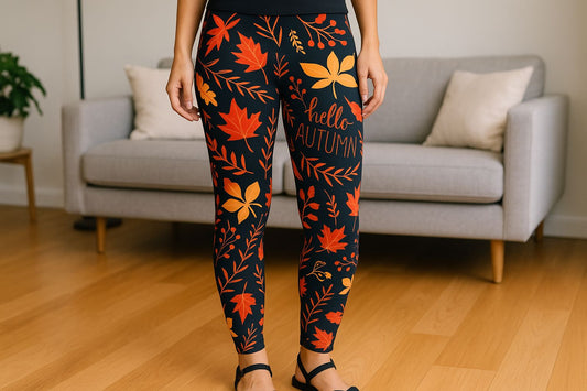 Womens Fall Leaf Leggings - High Waisted - Buttery Soft - Black/Orange Leggings MomMe and More 