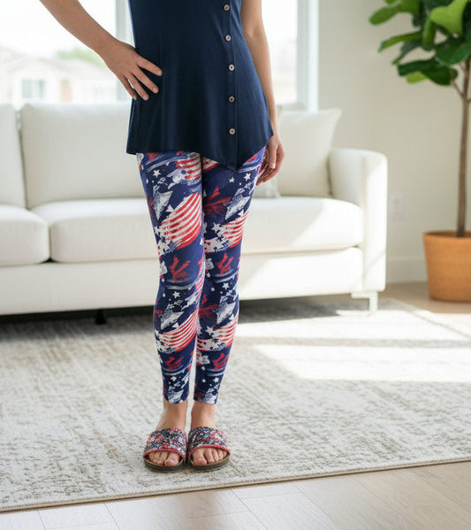 Girls American Flag Memorial Day, 4th of July Leggings, Kids Yoga Pants, 