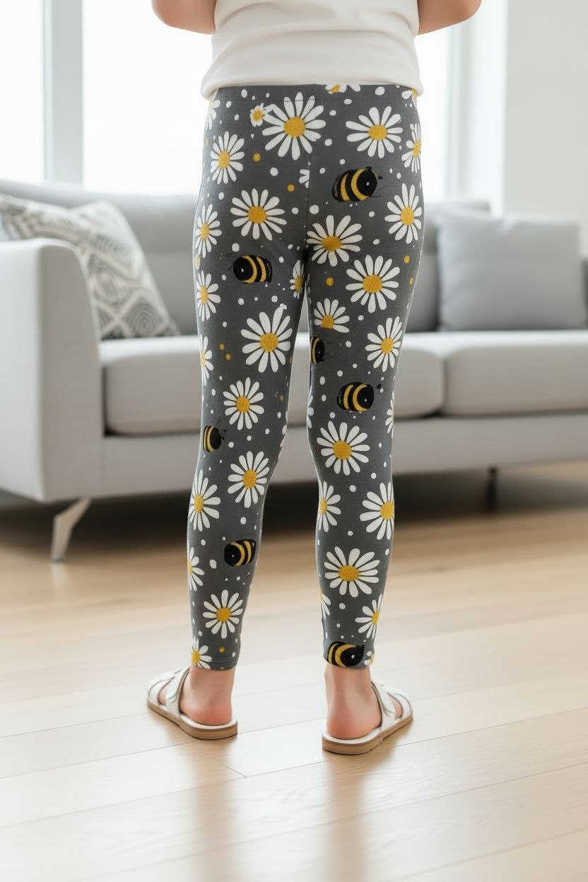 Girls Bee Daisy Leggings - High Waisted - Buttery Soft - Gray/Yellow Leggings MomMe and More 