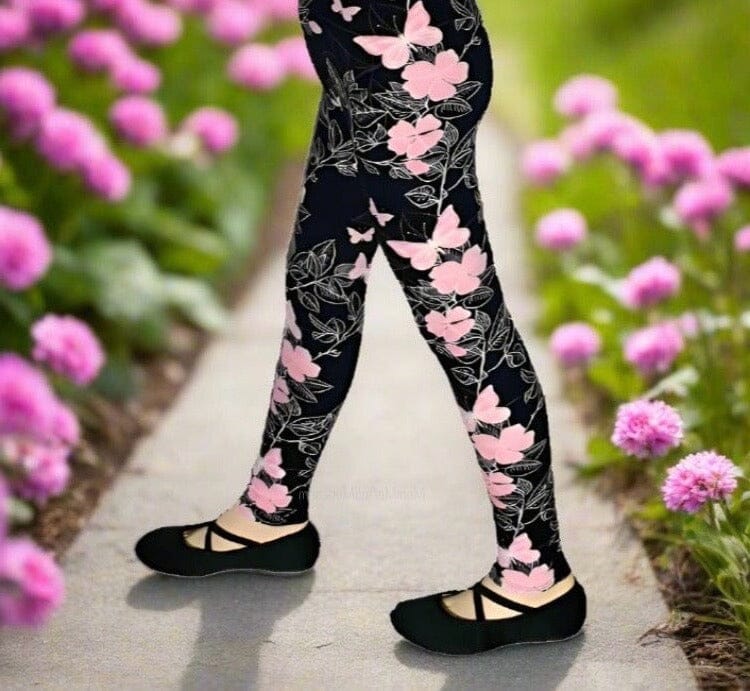 Girls Pink Butterfly Leggings, Kids Yoga Pants, Sizes S/L, Black/Pink Leggings MomMe and More 