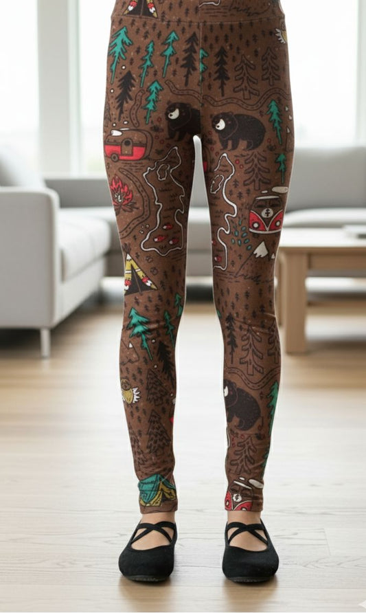 Girls Camping Leggings - High Waisted - Luxury Soft Yoga Pants for Kids Leggings MomMe and More S Brown 