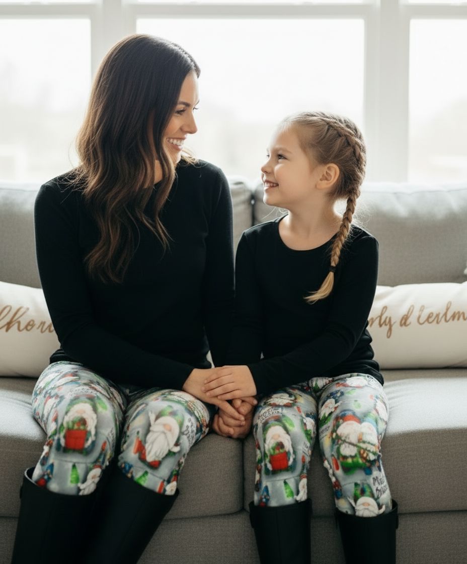 Girls Christmas Gnome Leggings - High Waisted - Buttery Soft - HO HO HO Holiday Lights - Green/Red Leggings MomMe and More 