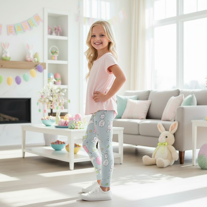 Girls Easter Bunny Leggings - High Waisted - Buttery Soft - Gray/Pink Leggings MomMe and More 