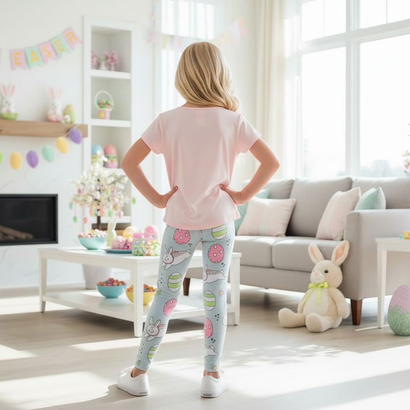 Girls Easter Bunny Leggings - High Waisted - Buttery Soft - Gray/Pink Leggings MomMe and More 