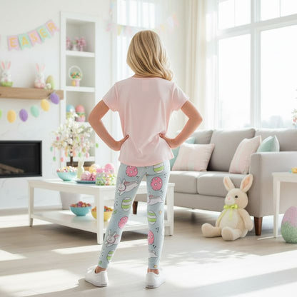Girls Easter Bunny Leggings - High Waisted - Buttery Soft - Gray/Pink Leggings MomMe and More 