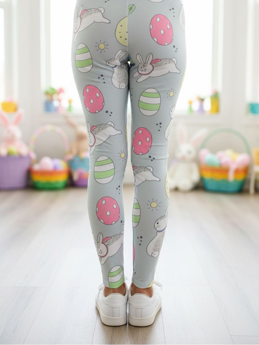Girls Easter Bunny Leggings - High Waisted - Buttery Soft - Gray/Pink Leggings MomMe and More 