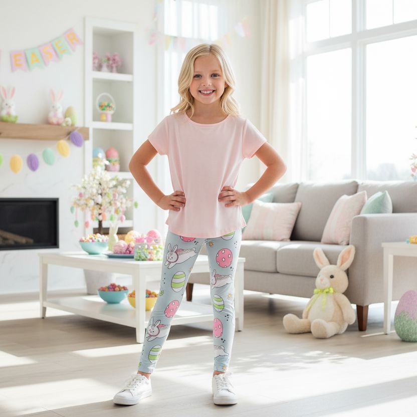 Girls Easter Bunny Leggings - High Waisted - Buttery Soft - Gray/Pink Leggings MomMe and More 
