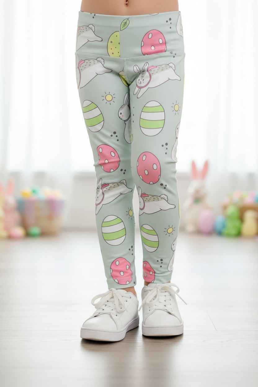 Girls Easter Bunny Leggings - High Waisted - Buttery Soft - Gray/Pink Leggings MomMe and More S Gray Yoga Waist