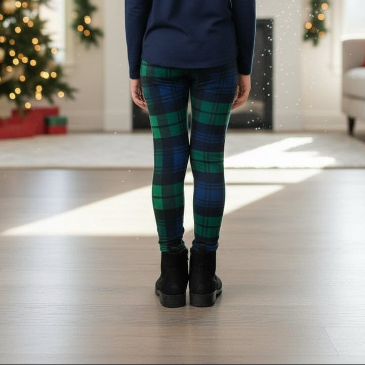 Girls Christmas Green Plaid Leggings - High Waisted - Buttery Soft Yoga Pants - Green/Blue Leggings MomMe and More 