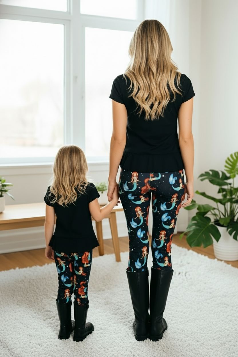 Girls Mermaid Leggings - High Waisted - Buttery Soft - Yoga Pants for Kids - Black/Multi Leggings MomMe and More 
