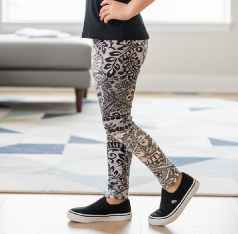 Girls Paisley Lace Leggings - High Waisted - Buttery Soft - Beige/Black Leggings MomMe and More 