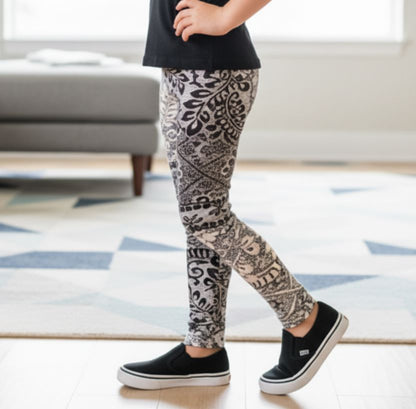 Girls Paisley Lace Leggings - High Waisted - Buttery Soft - Beige/Black Leggings MomMe and More 