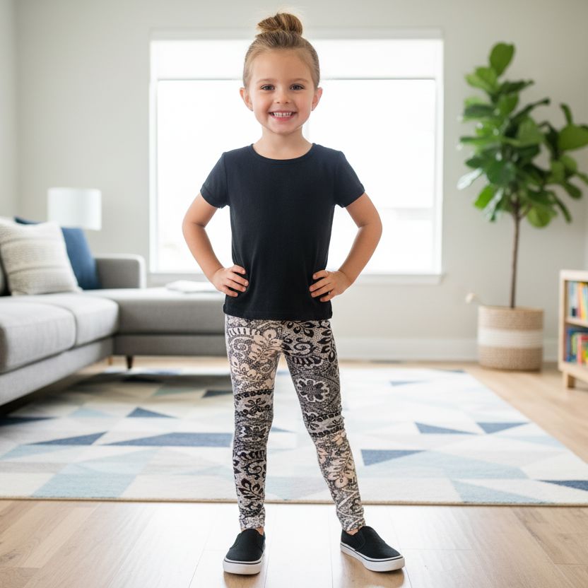 Girls Paisley Lace Leggings - High Waisted - Buttery Soft - Beige/Black Leggings MomMe and More 