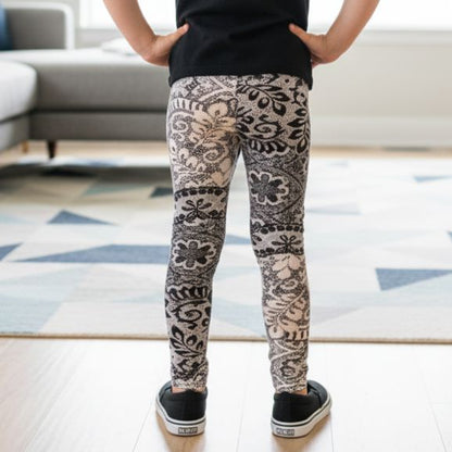Girls Paisley Lace Leggings - High Waisted - Buttery Soft - Beige/Black Leggings MomMe and More 