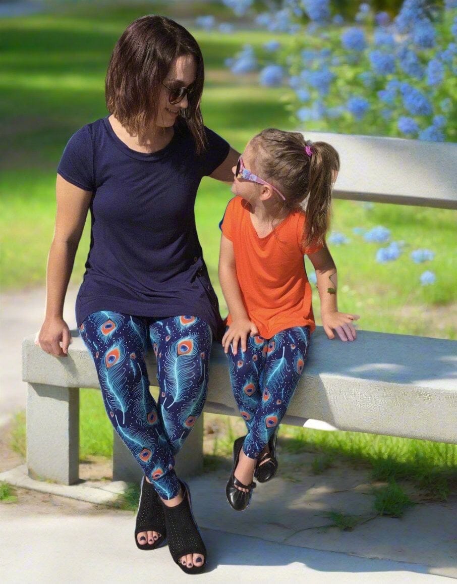 Girls Peacock Leggings, Kids Yoga Pants, Sizes S/L, No-Roll Waist, Blue/Orange Leggings MomMe and More 
