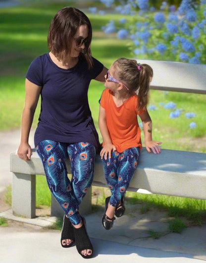 Girls Peacock Leggings, Kids Yoga Pants, Sizes S/L, No-Roll Waist, Blue/Orange Leggings MomMe and More 