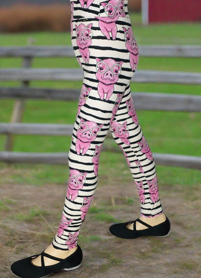 Girls Leggings | Exclusive Pink Pig Leggings | Kids Yoga Pants | Footless Tights | Yoga Waistband Leggings MomMe and More 