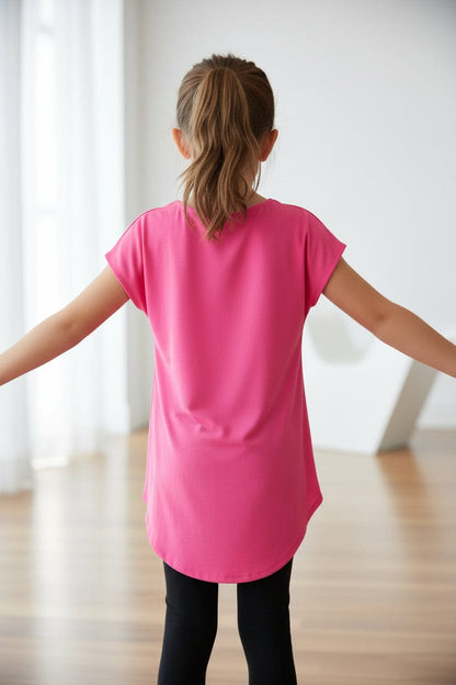 Girls Pink Top - Short Sleeves - Buttery Soft - Solid Pink - High Low Hem Tops MomMe and More 
