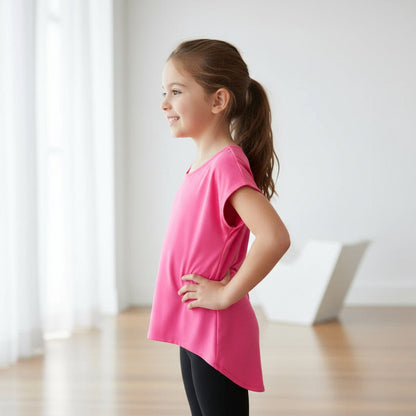 Girls Pink Top - Short Sleeves - Buttery Soft - Solid Pink - High Low Hem Tops MomMe and More 