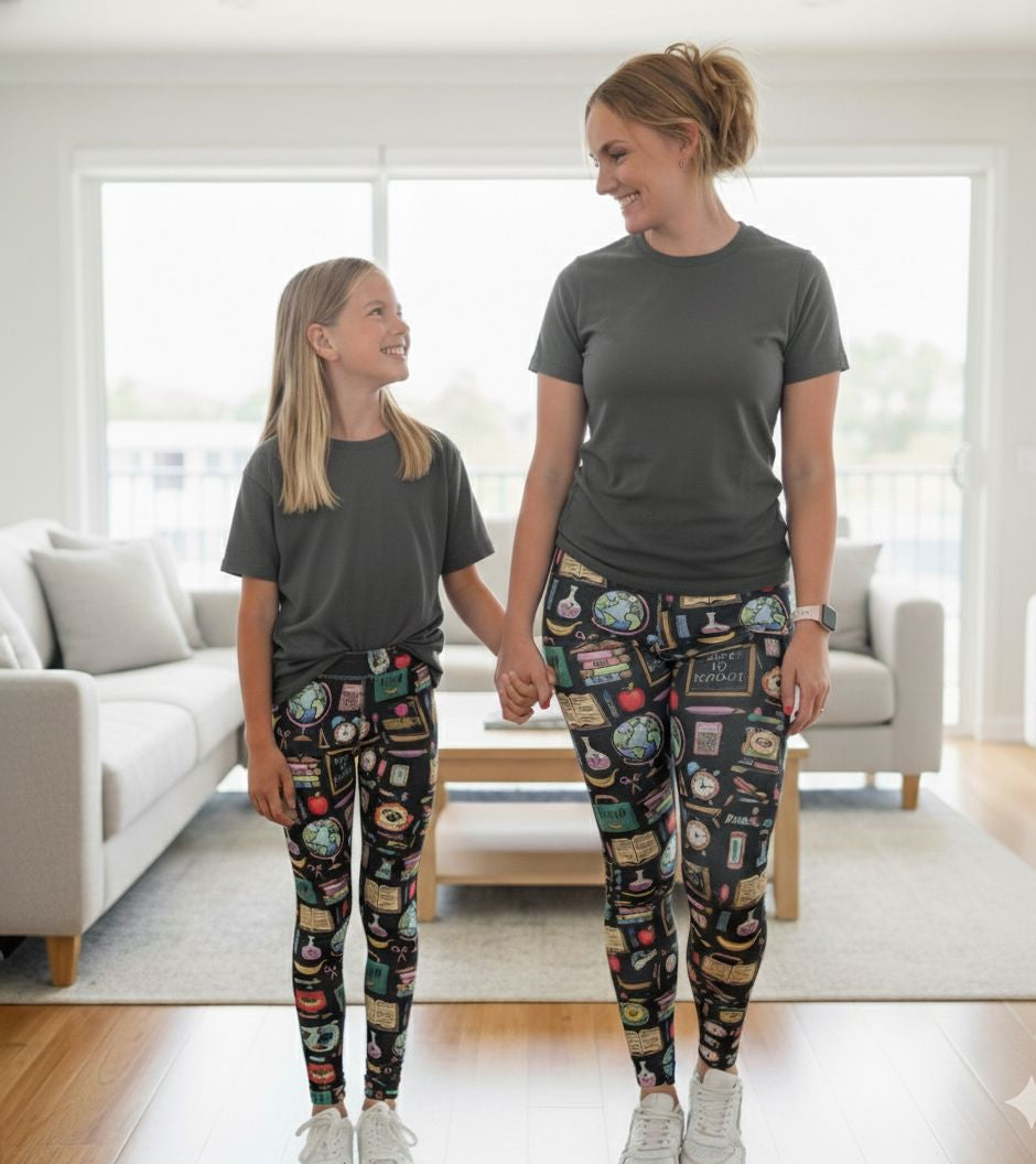 Girls School Leggings - High Waisted - Buttery Soft - Gray/Multi Leggings MomMe and More 