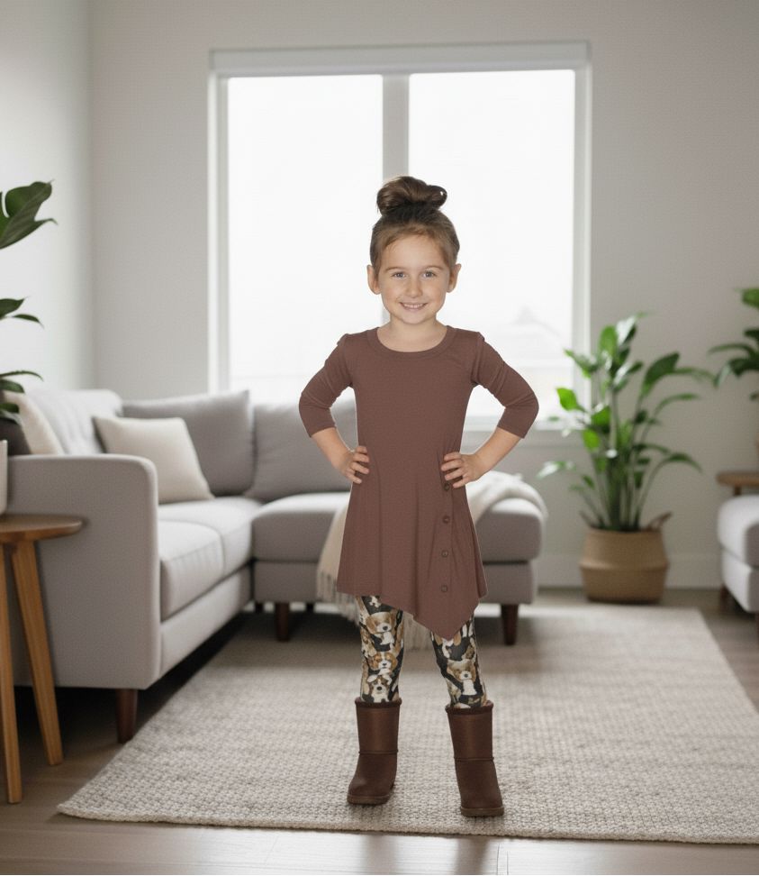 Girls High-Low Brown Dress, Long Tunic Top, Sizes 6/8/10/12, Solid Brown dress MomMe and More 