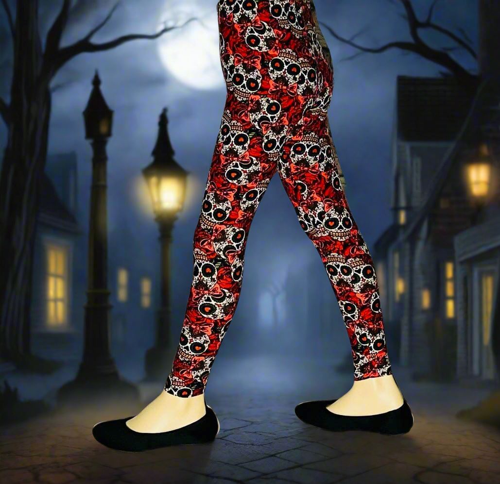 Girls Halloween Skull Rose Leggings, Kids Yoga Pants, Sizes S/L, No-Roll Waist, Red/Black Leggings MomMe and More 